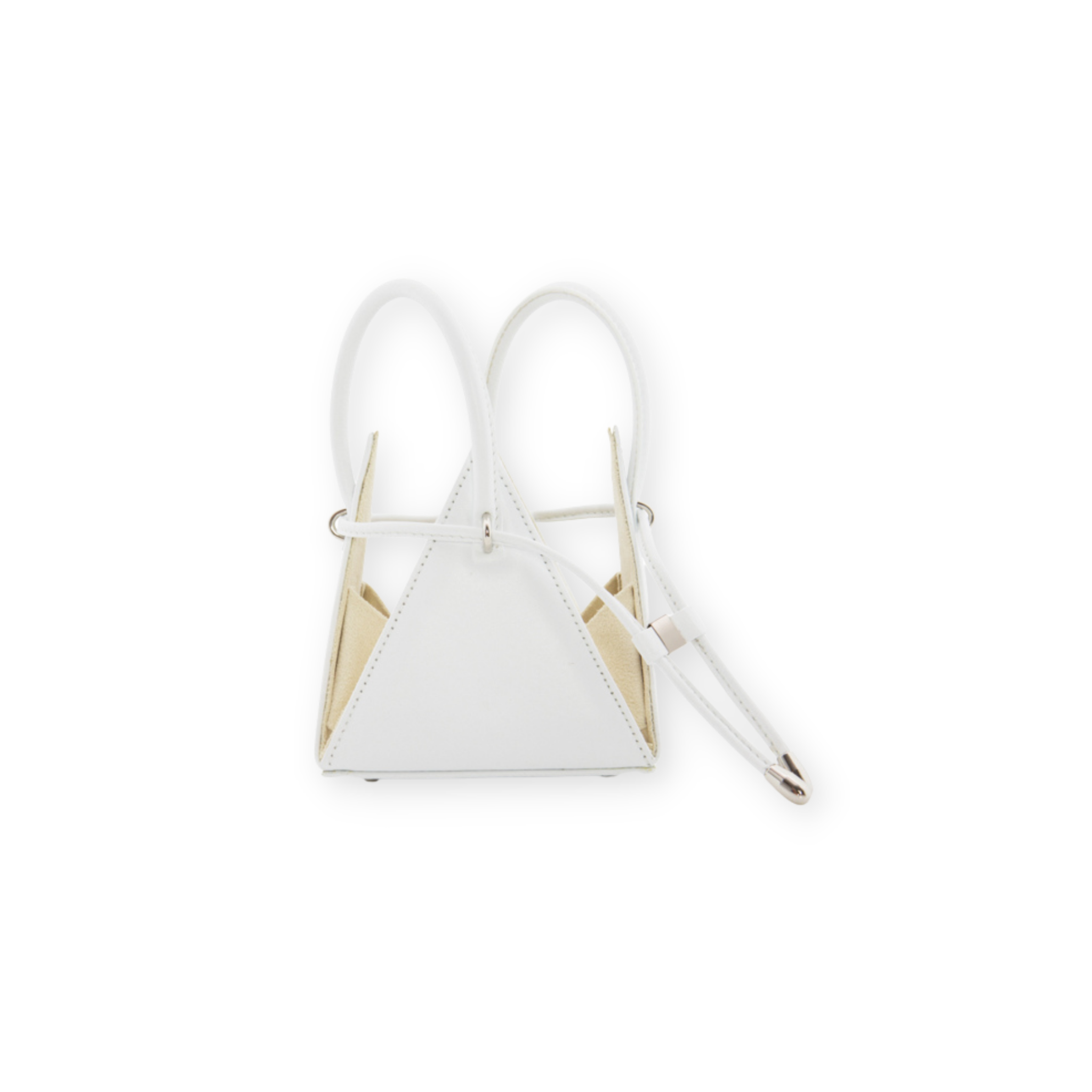 Buy now the Iconic LIA Mini bag inspired by the geometric shapes of our designer's birth city Barcelona, and its world known artist, Antonio Gaudí, architect of the world wonder La Sagrada Familia. The Iconic Lia White Mini bag has a unique and functional pyramidal design able to fit all your essentials. 