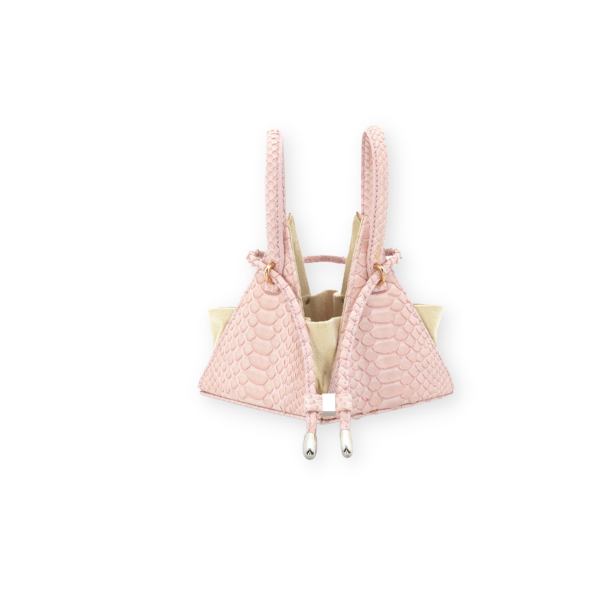 Buy now the Exotic LIA Mini bag inspired by the geometric shapes of our designer's birth city Barcelona, and its world known artist, Antonio Gaudí, architect of the world wonder La Sagrada Familia. The Exotic Lia Python Pastel Pink Mini bag has a unique and functional pyramidal design able to fit all your essentials.