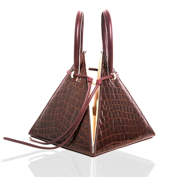 NITASURI- LIA Pyramid Croc-Embossed Burgundy Exotic Leather Handbag