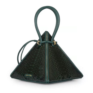 Buy now the Exotic Lia Handbag inspired by the geometric shapes of our designer's birth city Barcelona, and its world known artist, Antonio Gaudí, architect of the world wonder La Sagrada Familia. The Exotic Lia Emerald Green Handbag has a unique and functional pyramidal design able to fit all your essentials. 