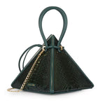 Buy now the Exotic Lia Handbag inspired by the geometric shapes of our designer's birth city Barcelona, and its world known artist, Antonio Gaudí, architect of the world wonder La Sagrada Familia. The Exotic Lia Emerald Green Handbag has a unique and functional pyramidal design able to fit all your essentials. 