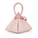 Buy now the Exotic Lia Handbag inspired by the geometric shapes of our designer's birth city Barcelona, and its world known artist, Antonio Gaudí, architect of the world wonder La Sagrada Familia. The Iconic Lia Python Pastel Pink Handbag has a unique and functional pyramidal design able to fit all your essentials. 